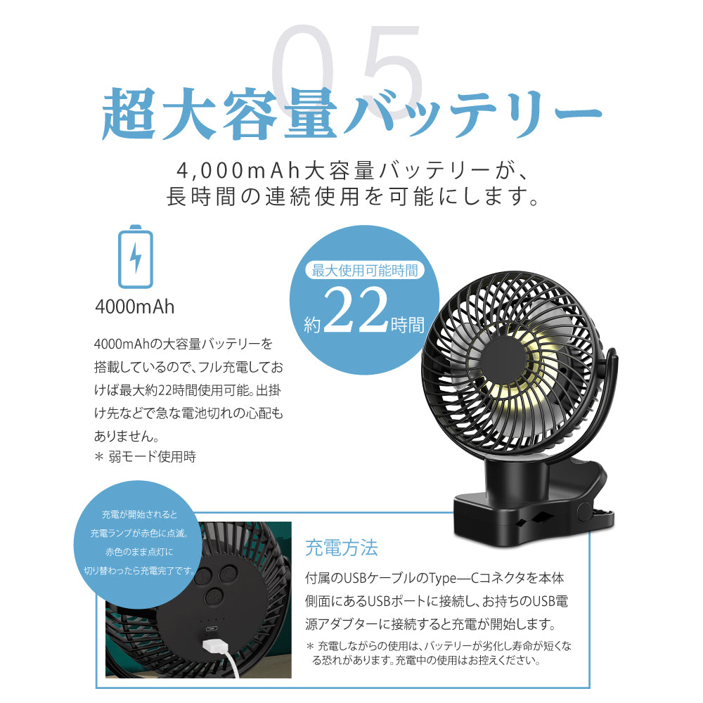 卓上扇風機 クリップ式 スタンド式 壁掛け 360°首振り 充電式扇風機 静音 LED照明機能付き 1台4役 風量4段階 ベビーカー 小型 -  シックホーム