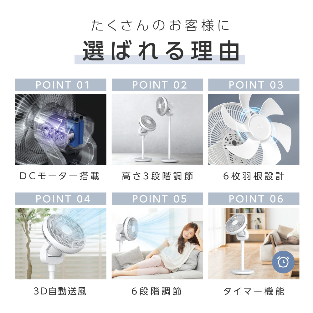 扇風機 DC サーキュレーター dcモーター 6枚羽根 扇風機 dc リビング扇風機 上下左右首振り 高さ3段調節可能 6段階風量調節 静音 -  シックホーム